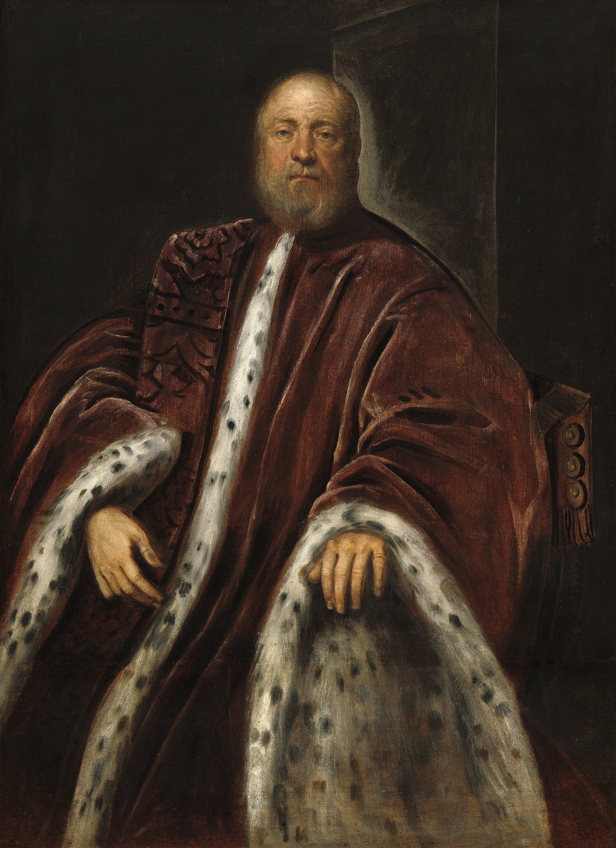 A Procurator of Saint Mark’s by Tintoretto — A white-bearded man in a rust-red robe lined with spotted fur