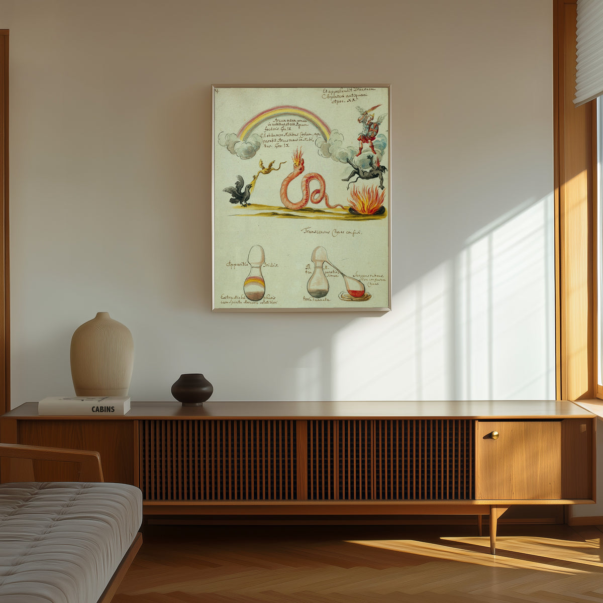 Framed art print of A Rainbow over Dragon and Serpent, above Two… by Thesaurus Thesaurorum, in a thin light frame on a sunlit wall above a wooden sideboard