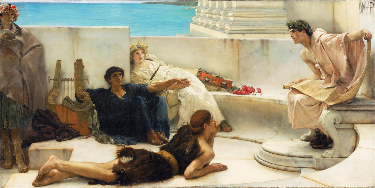 A Reading from Homer by Lawrence Alma-Tadema — A laurel-crowned reader recites from a scroll on a marble terrace