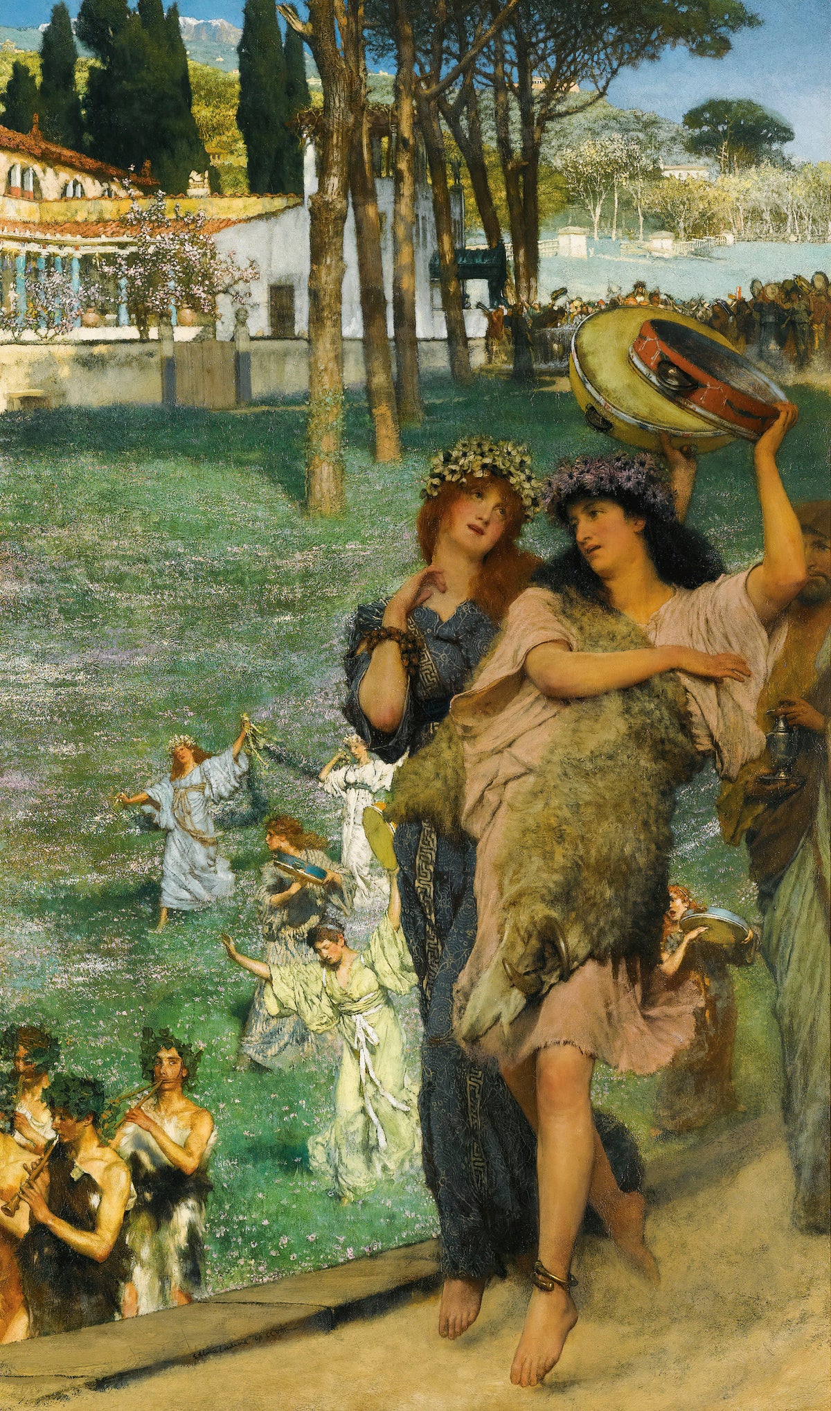 A Spring Festival (On the Road to the Temple of Ceres) by Lawrence Alma-Tadema — Wreathed revellers dance with a tambourine on a spring road
