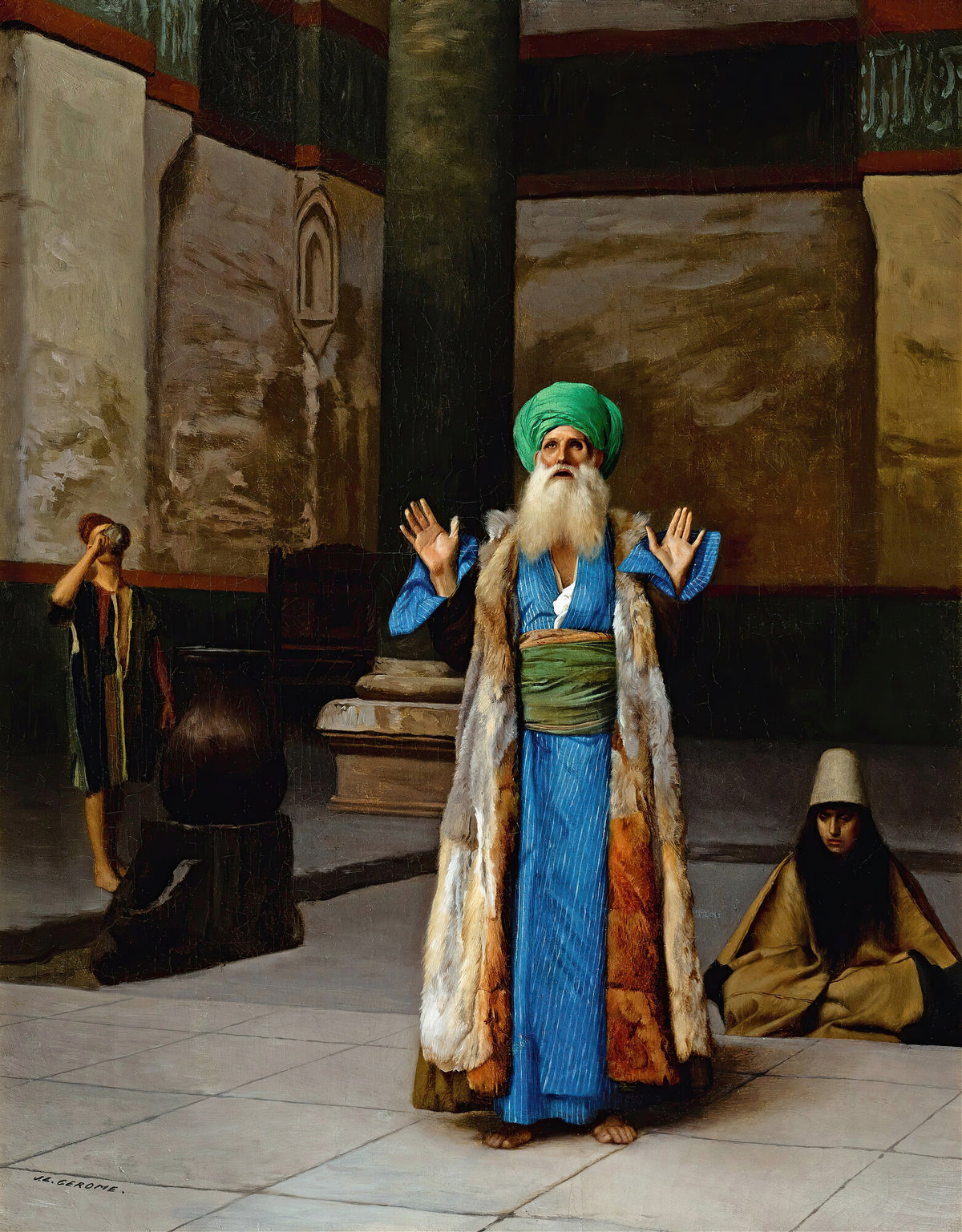 A Sultan at Prayer by Jean-Léon Gérôme — A white-bearded elder in a fur-lined coat lifts his hands in prayer