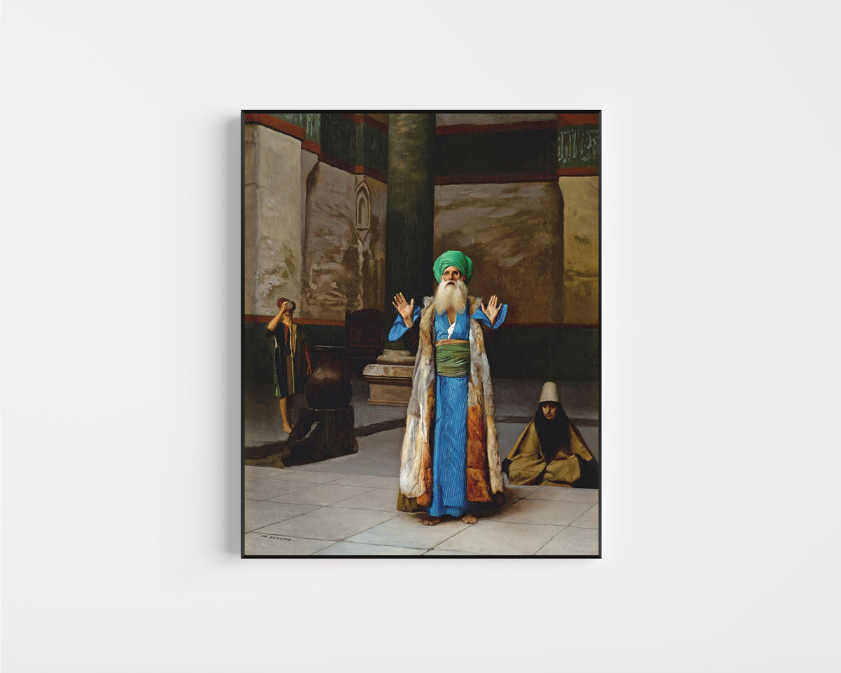 Framed art print of A Sultan at Prayer by Jean-Léon Gérôme, in a slim black frame on a plain white wall
