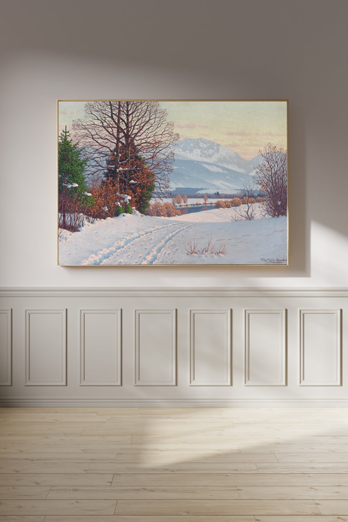 A Sunny Winter Day by Fritz Müller-Landeck — framed on a panelled wall in afternoon light