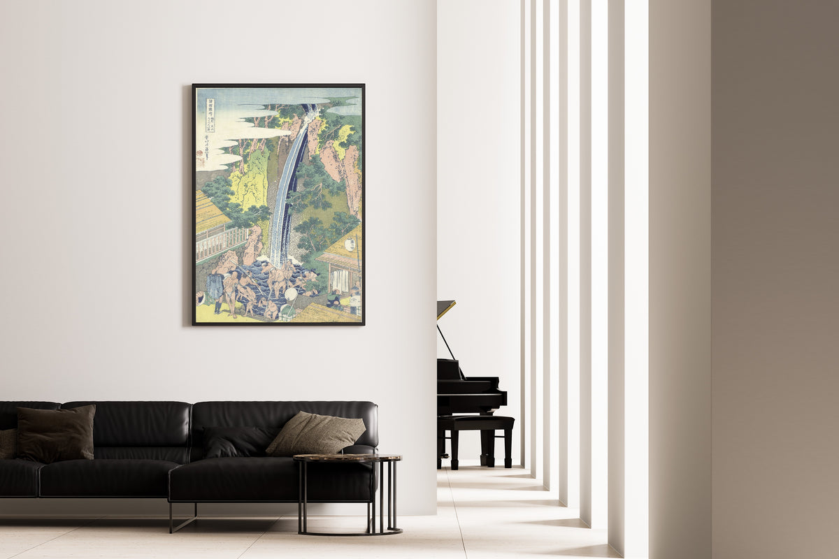 Framed art print of A Tour of the Waterfalls of the Provinces: Rōben Waterfall at Ōyama in Sagami… by Katsushika Hokusai, on the wall of a minimal living room
