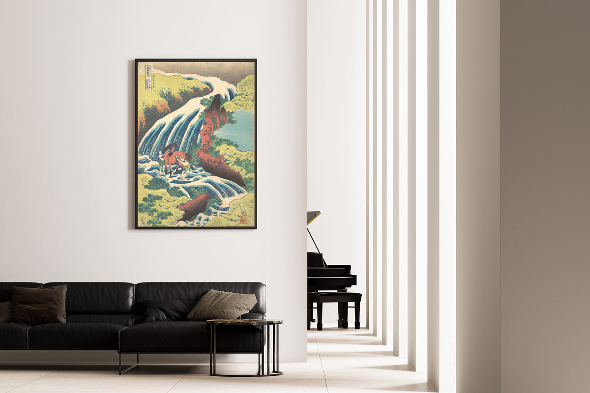 Framed art print of A Tour of the Waterfalls of the Provinces: The Waterfall Where Yoshitsune… by Katsushika Hokusai, on the wall of a minimal living room