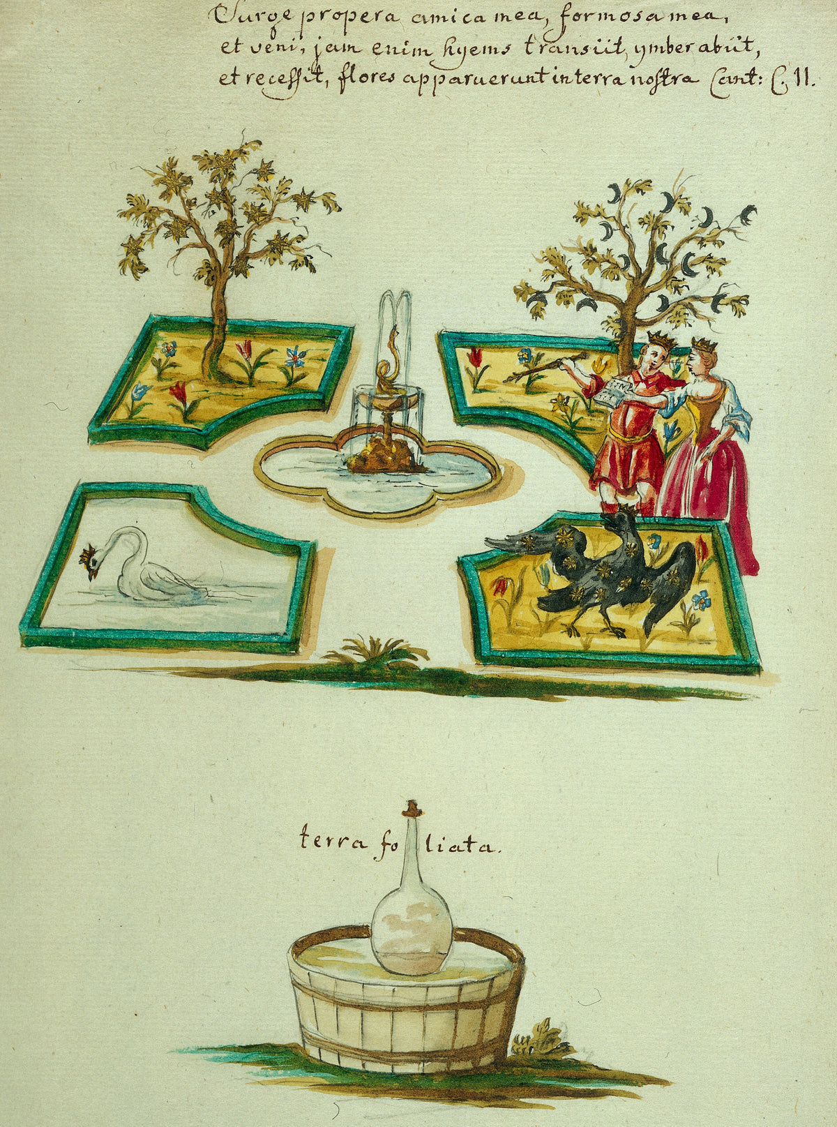 A Walled Garden with Fountain, Swan and Raven, above a Flask in a Tub by Thesaurus Thesaurorum — A walled garden of four beds around a fountain, above a flask