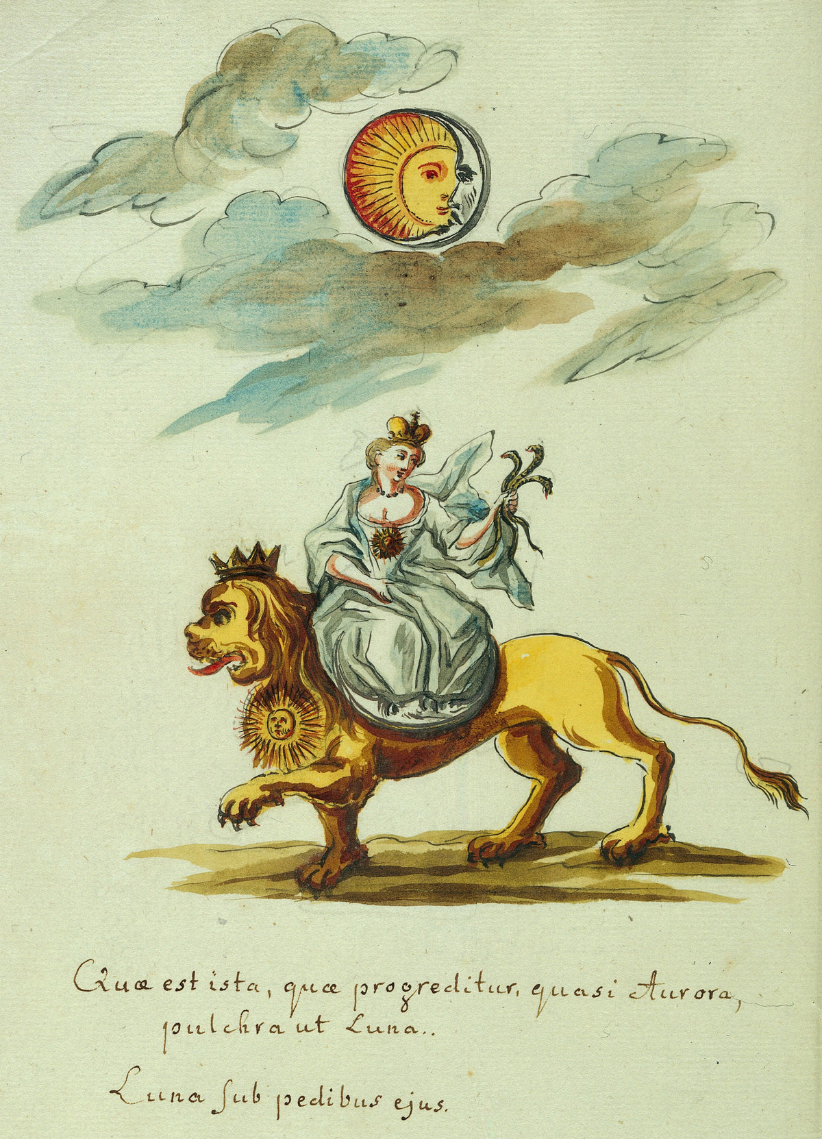 A Woman Seated on a Lion beneath Sun and Moon by Thesaurus Thesaurorum — A crowned woman rides a crowned lion beneath a sun-and-moon face