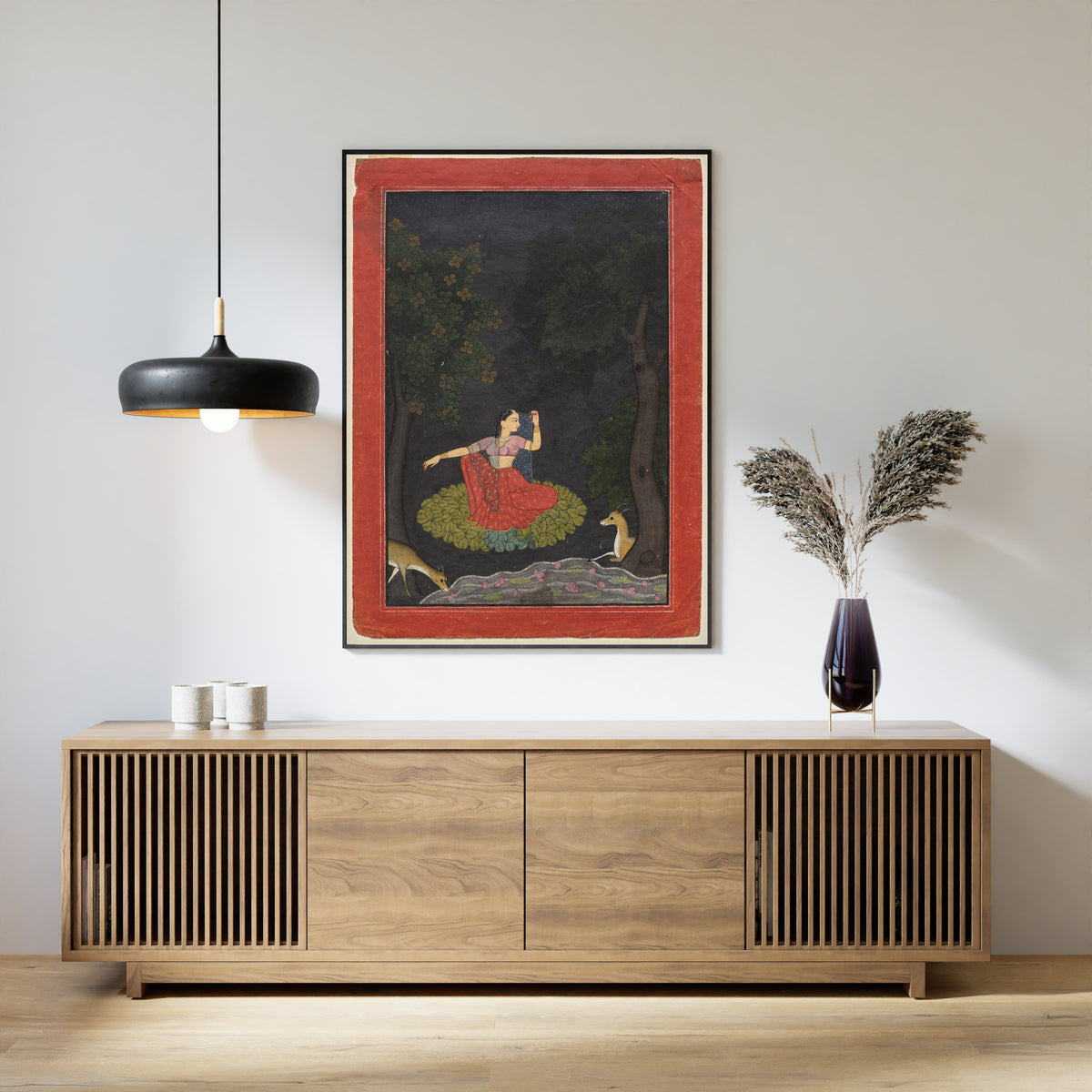 Framed art print of A heroine waiting for her lover: Vasakasajja Nayika by Pahari school, above a slatted wood sideboard