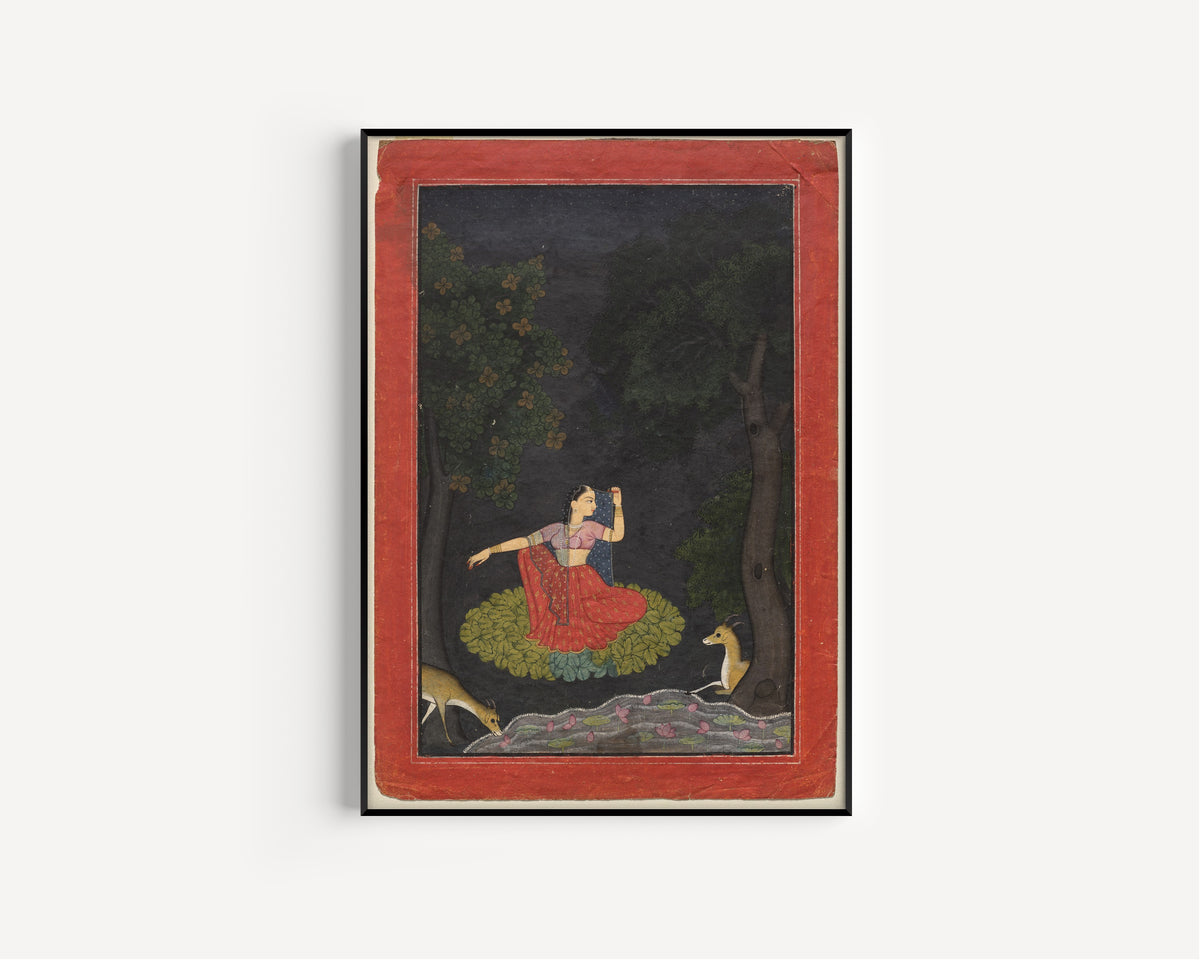 Framed art print of A heroine waiting for her lover: Vasakasajja Nayika by Pahari school, in a slim black frame on a plain white wall