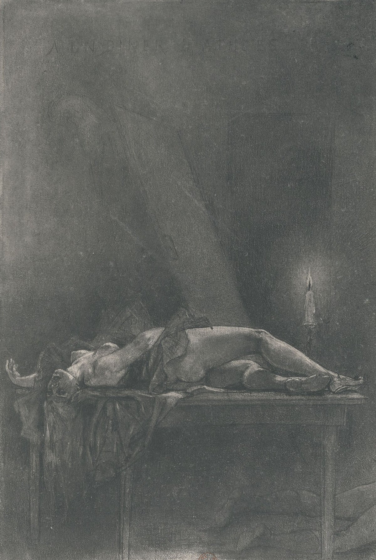 A un dîner d'athées (2nd state) by Félicien Rops — A woman lies stretched along a table beside a single candle