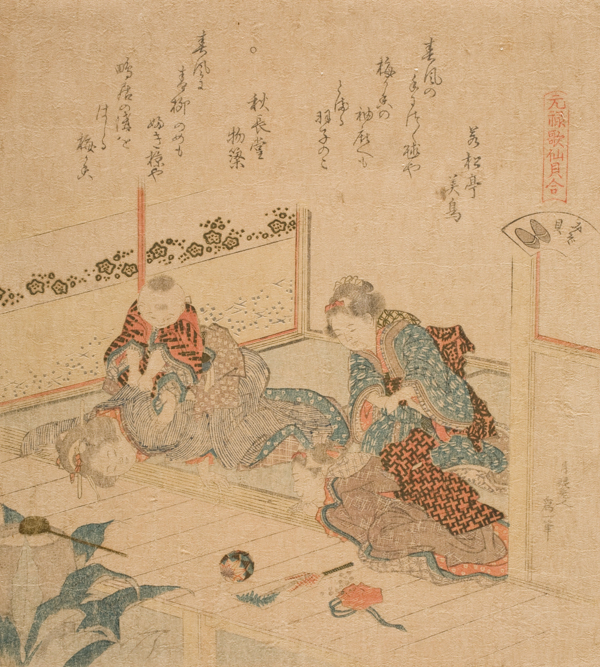 Abalone by Katsushika Hokusai — A child perches on a reclining woman beside a patterned ball