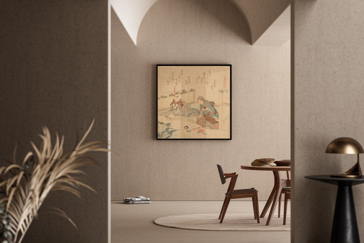 Framed art print of Abalone by Katsushika Hokusai, in a sunlit dining corner