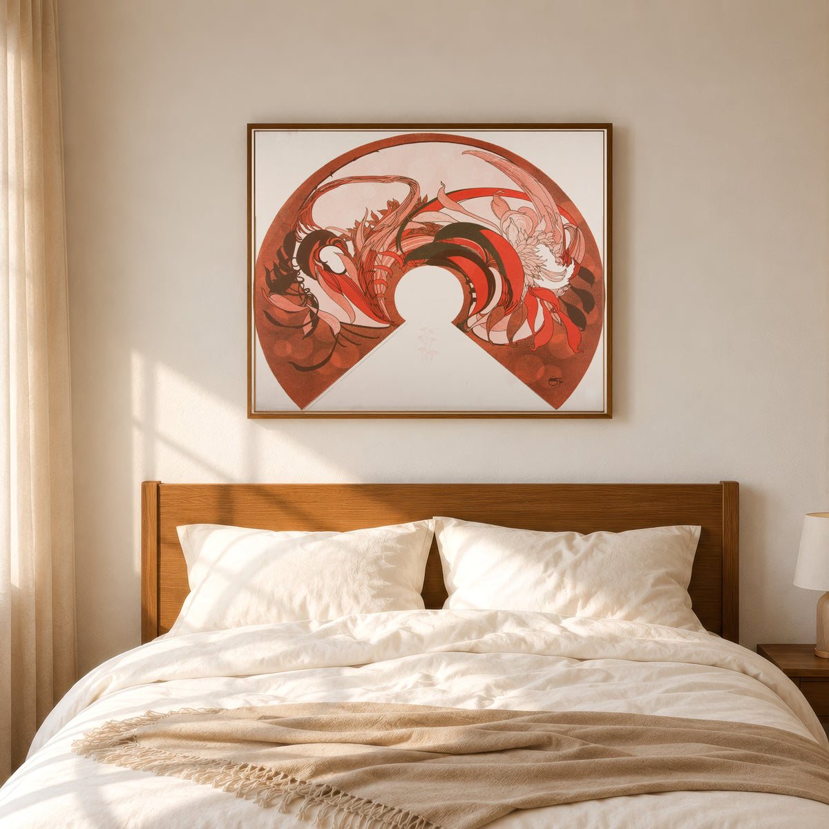 Framed art print of Abat-jour (fan design) by Georges de Feure, in a slim wood frame above a bed in a sunlit bedroom