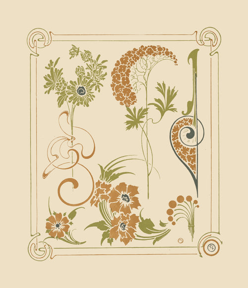 Abstract design based on flowers and arabesques by Alphonse Mucha — Flowers and whiplash curves scattered across a cream sheet