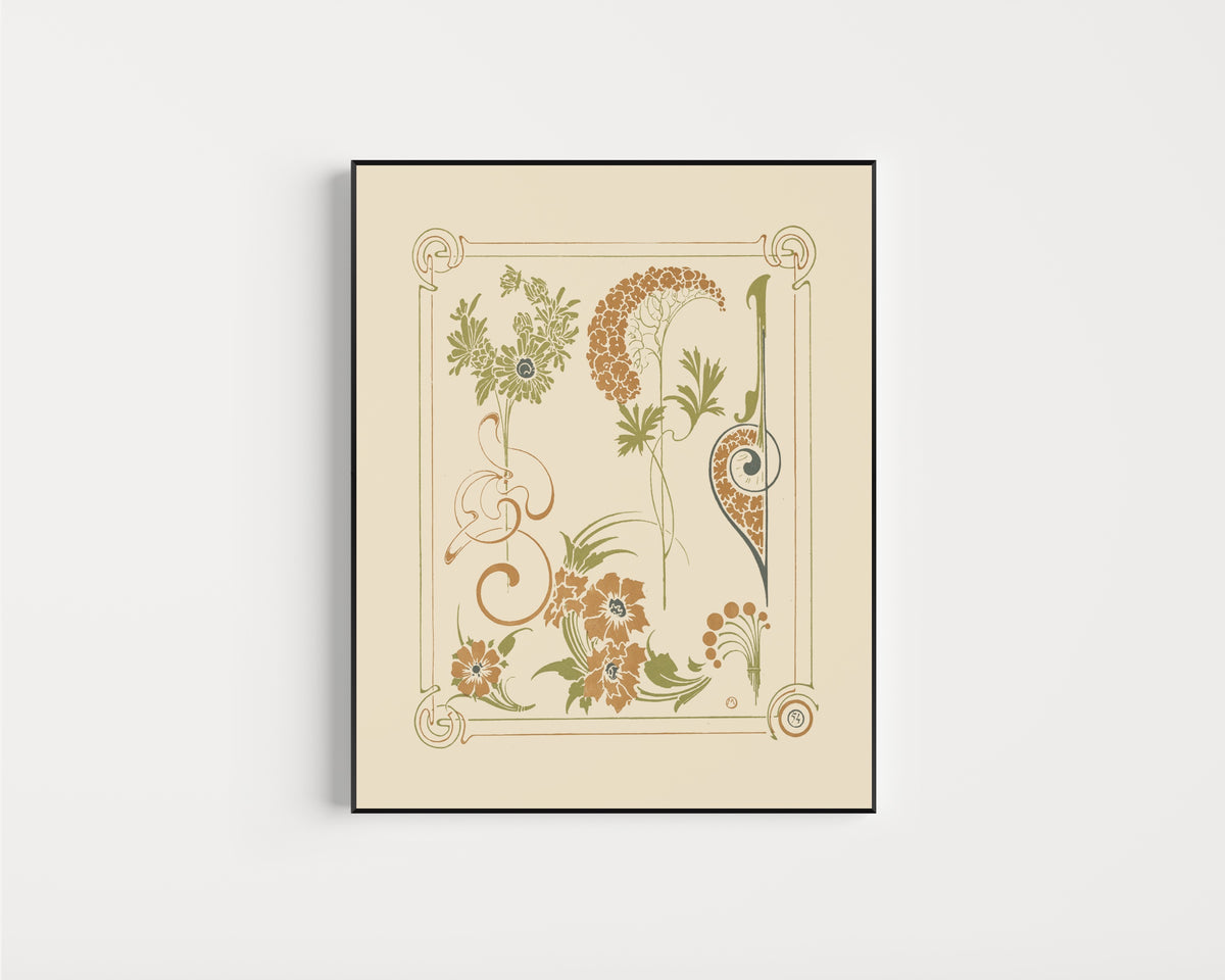 Framed art print of Abstract design based on flowers and arabesques by Alphonse Mucha, in a slim black frame on a plain white wall