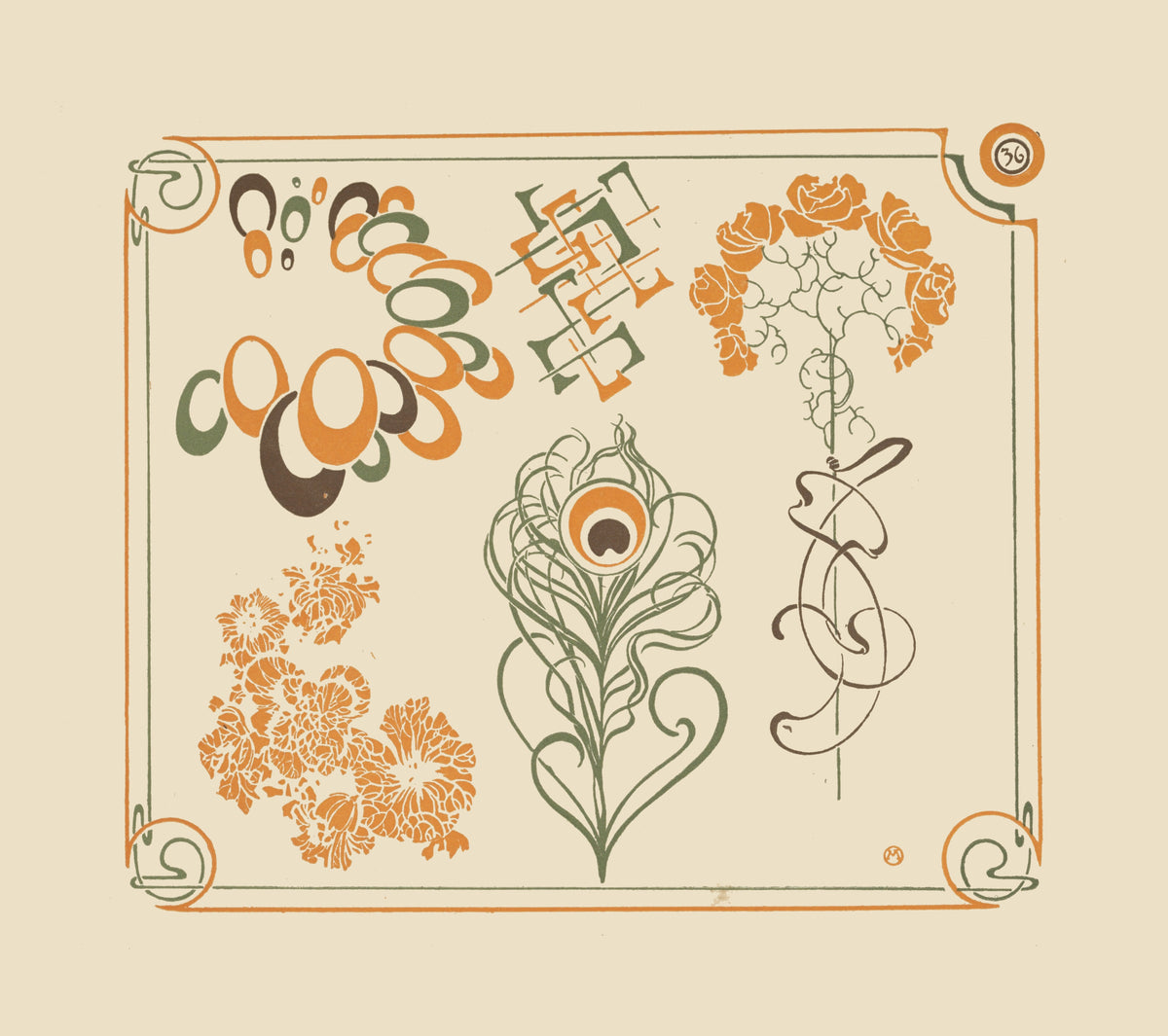 Abstract design based on flowers and curvilinear shapes by Alphonse Mucha — Roses, a peacock feather and looping ovals within a double border