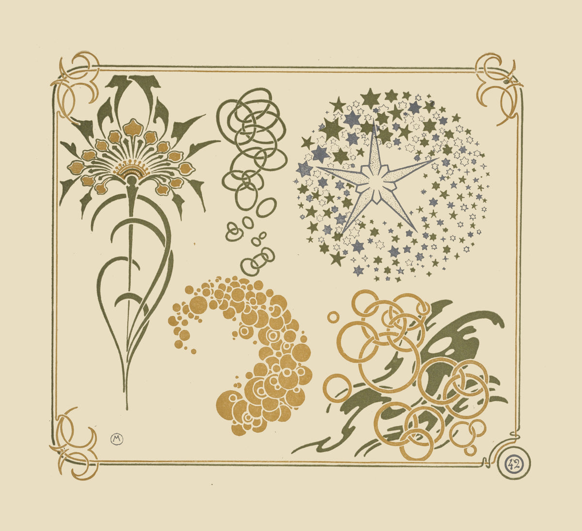 Abstract design based on stars, circles and leaves by Alphonse Mucha — Stars, rings and a spiky flower in green and gold ornament