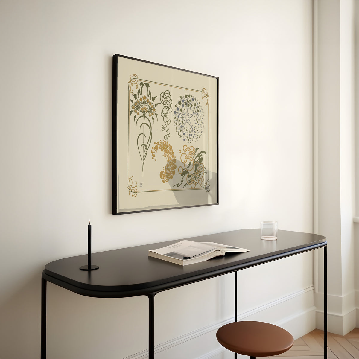 Framed art print of Abstract design based on stars, circles and leaves by Alphonse Mucha, above a slim black console table