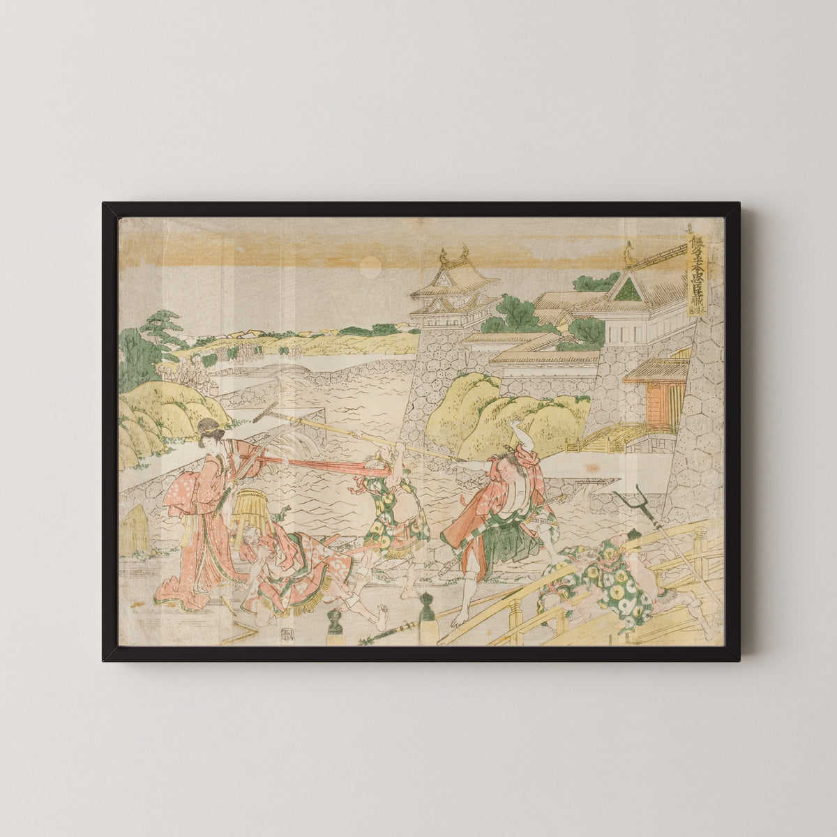 Framed art print of Act III from the Play Kanadehon Chūshingura by Katsushika Hokusai, in a black frame on a pale wall