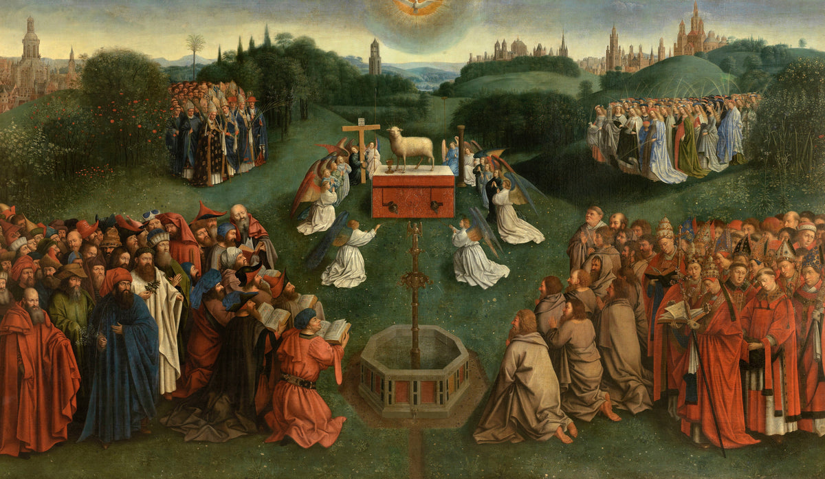 Adoration of the Lamb by Jan van Eyck — A lamb on a red altar with crowds and angels in a green meadow