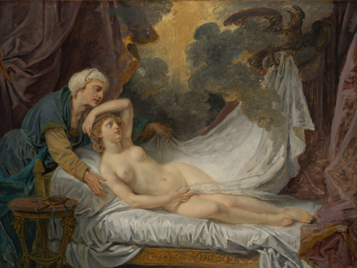 Aegina Visited by Jupiter by Jean-Baptiste Greuze — A woman reclines on white sheets as an eagle gathers in the clouds
