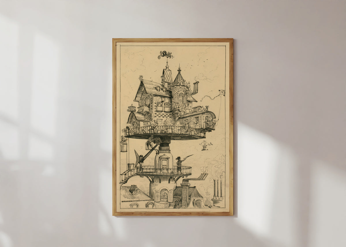 Framed art print of Aerial house by Albert Robida, in a light wood frame on a sunlit white wall