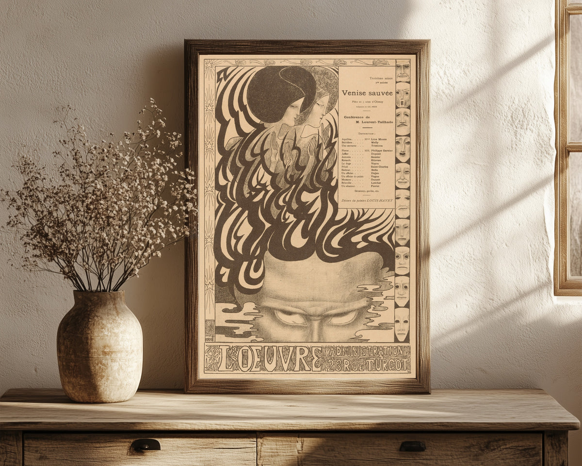 Framed art print of Affiche voor het toneelstuk Vénise sauvée van Thomas… by Jan Toorop, in a dark wood frame leaning on a rustic console beside dried flowers