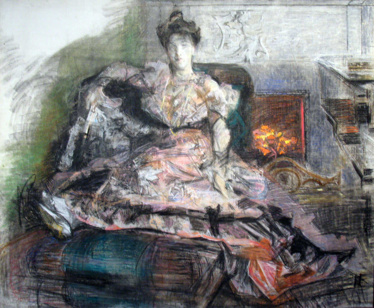 After the Concert (Portrait of Nadezhda Zabela-Vrubel) by Mikhail Vrubel — A woman in a pink gown rests on a sofa beside a glowing fireplace