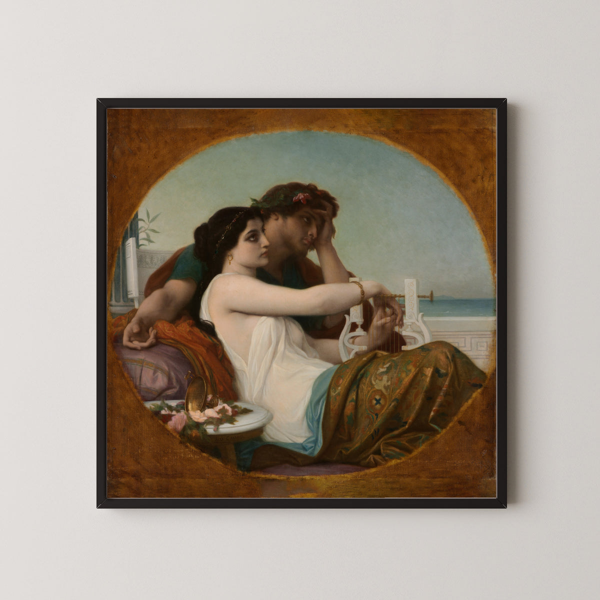 Framed art print of Aglaida and Boniface by Alexandre Cabanel, in a black frame on a pale wall