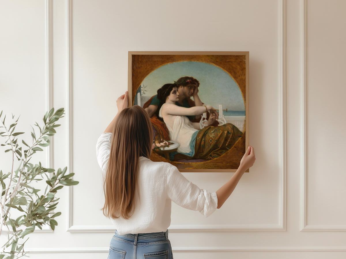 Framed art print of Aglaida and Boniface by Alexandre Cabanel, hung on a panelled wall