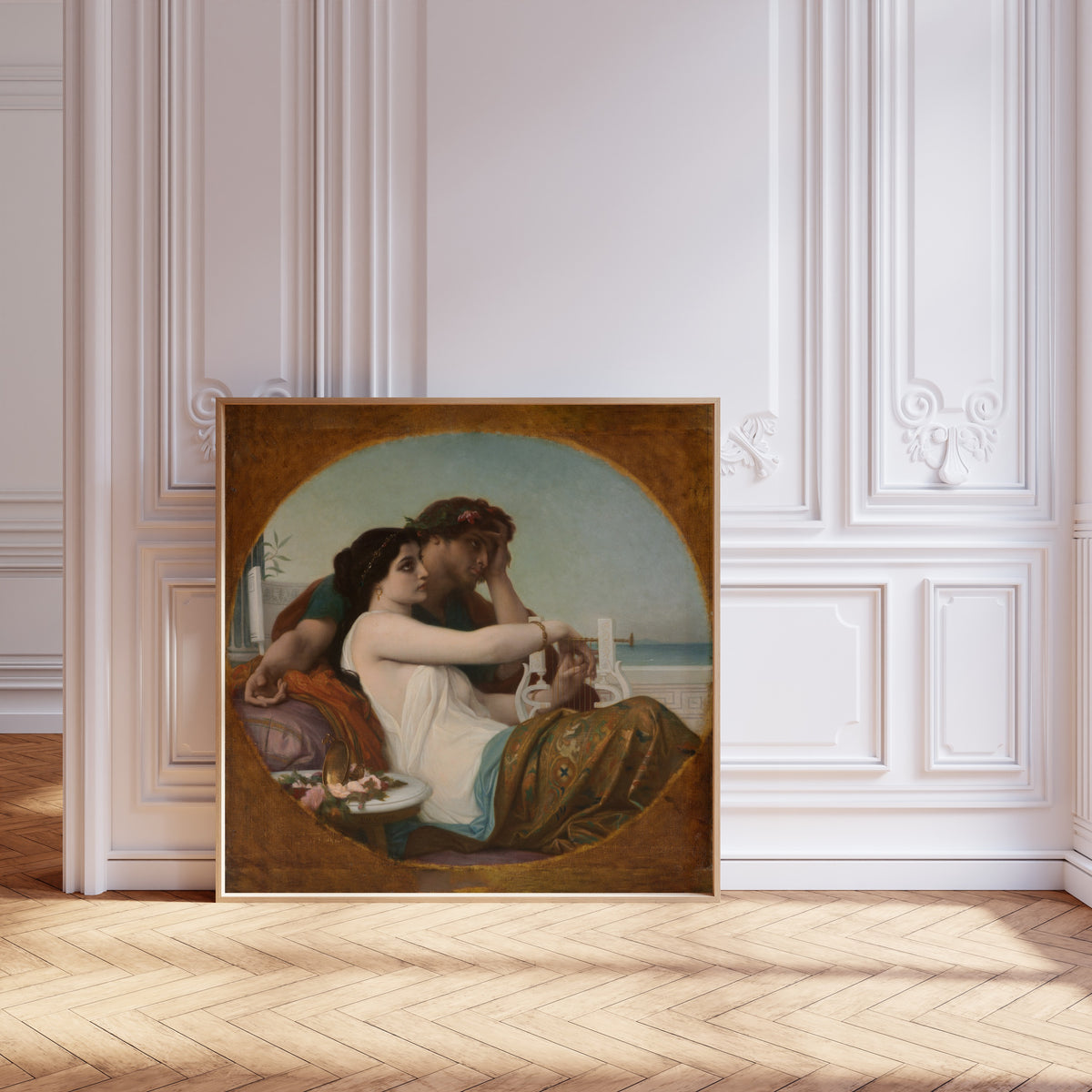 Framed art print of Aglaida and Boniface by Alexandre Cabanel, leaning against pale pink panelling on a herringbone floor