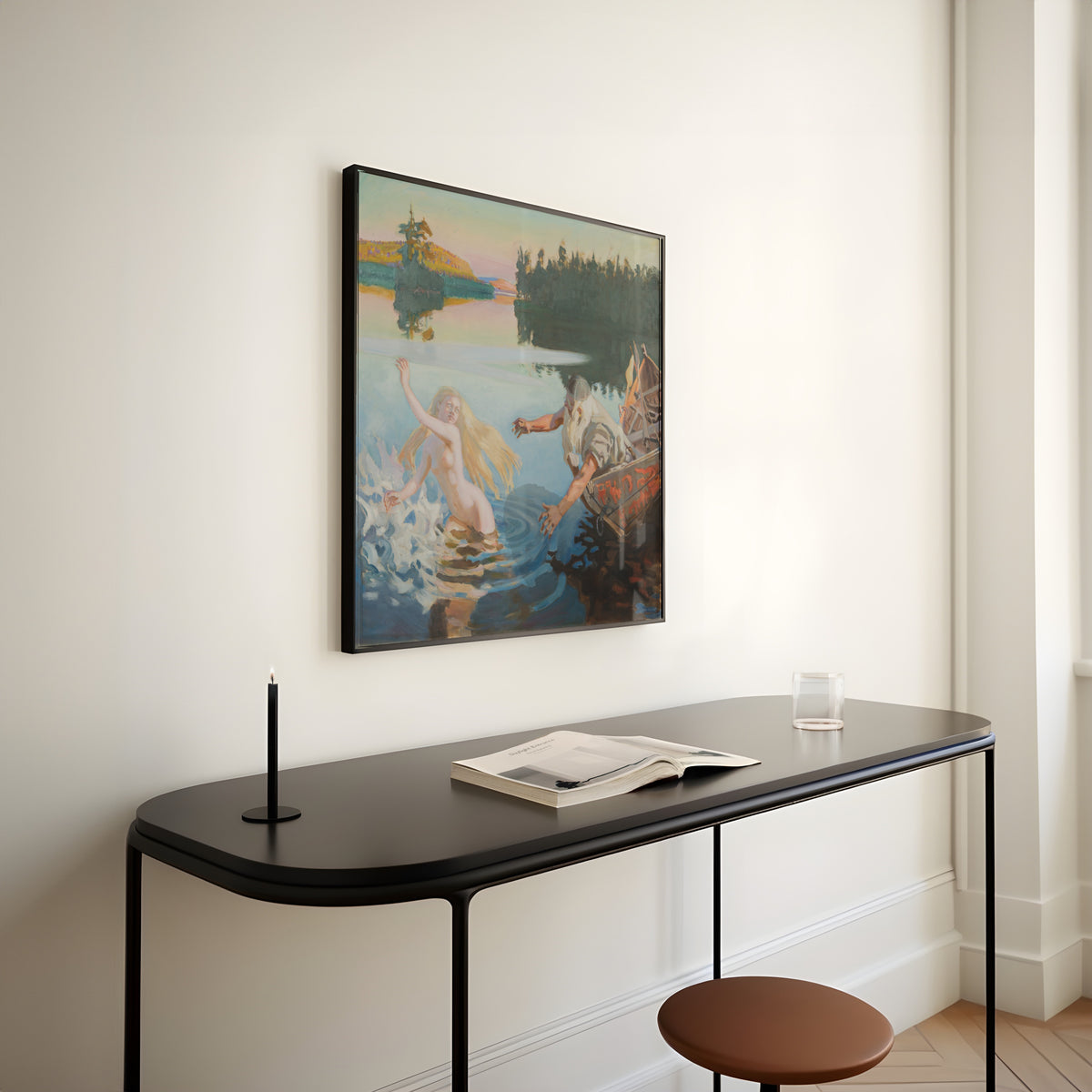 Framed art print of Aino by Akseli Gallen-Kallela, above a slim black console table