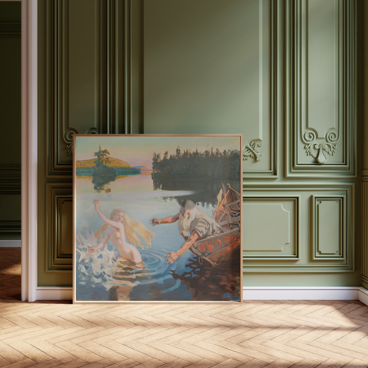 Framed art print of Aino by Akseli Gallen-Kallela, leaning against olive-green panelling on a herringbone floor
