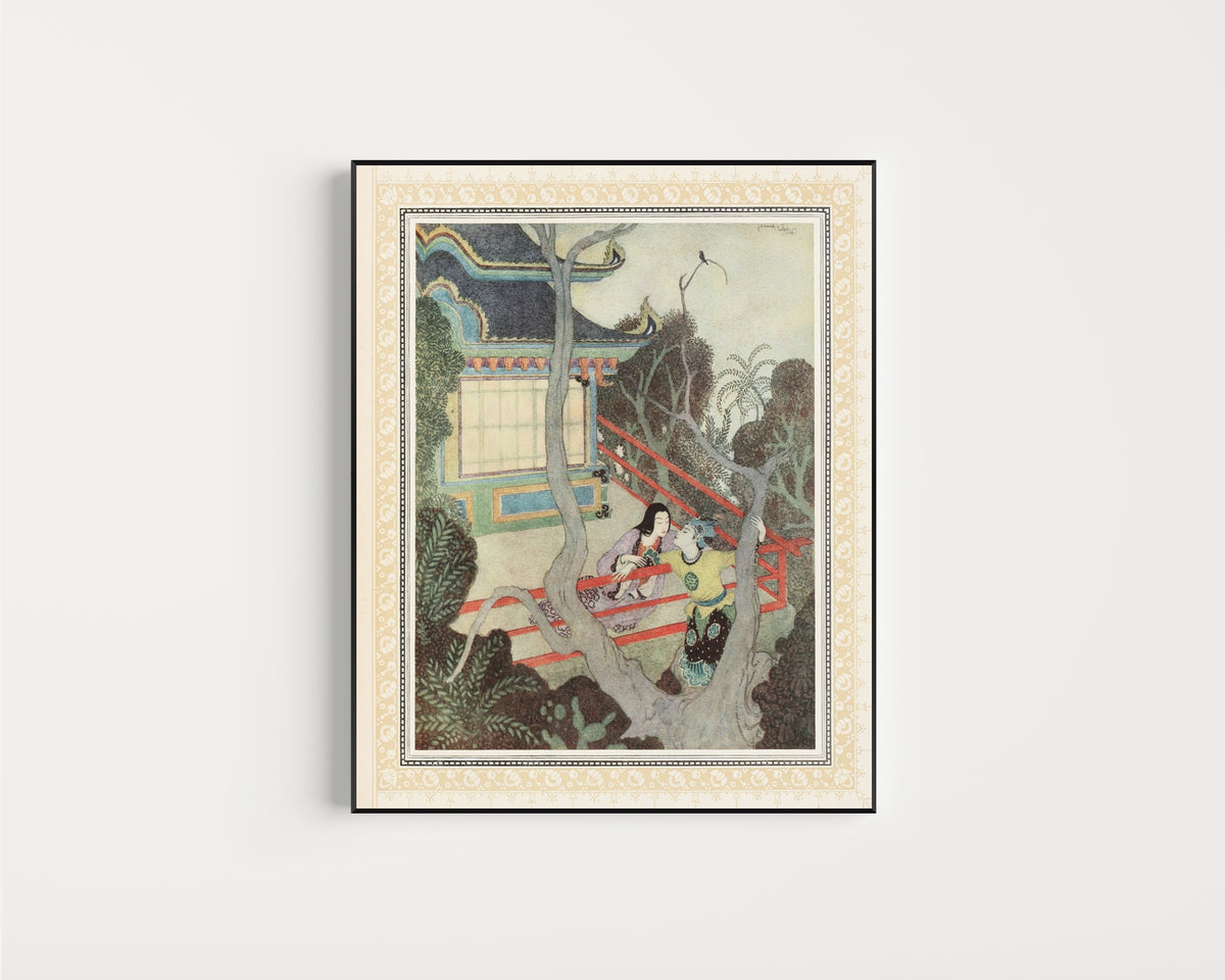Framed art print of Aladdin finds the Princess in Africa by Edmund Dulac, in a slim black frame on a plain white wall