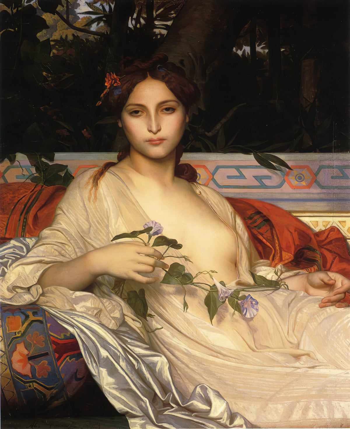 Albaydé by Alexandre Cabanel — A young woman reclines in white silk holding a morning glory vine