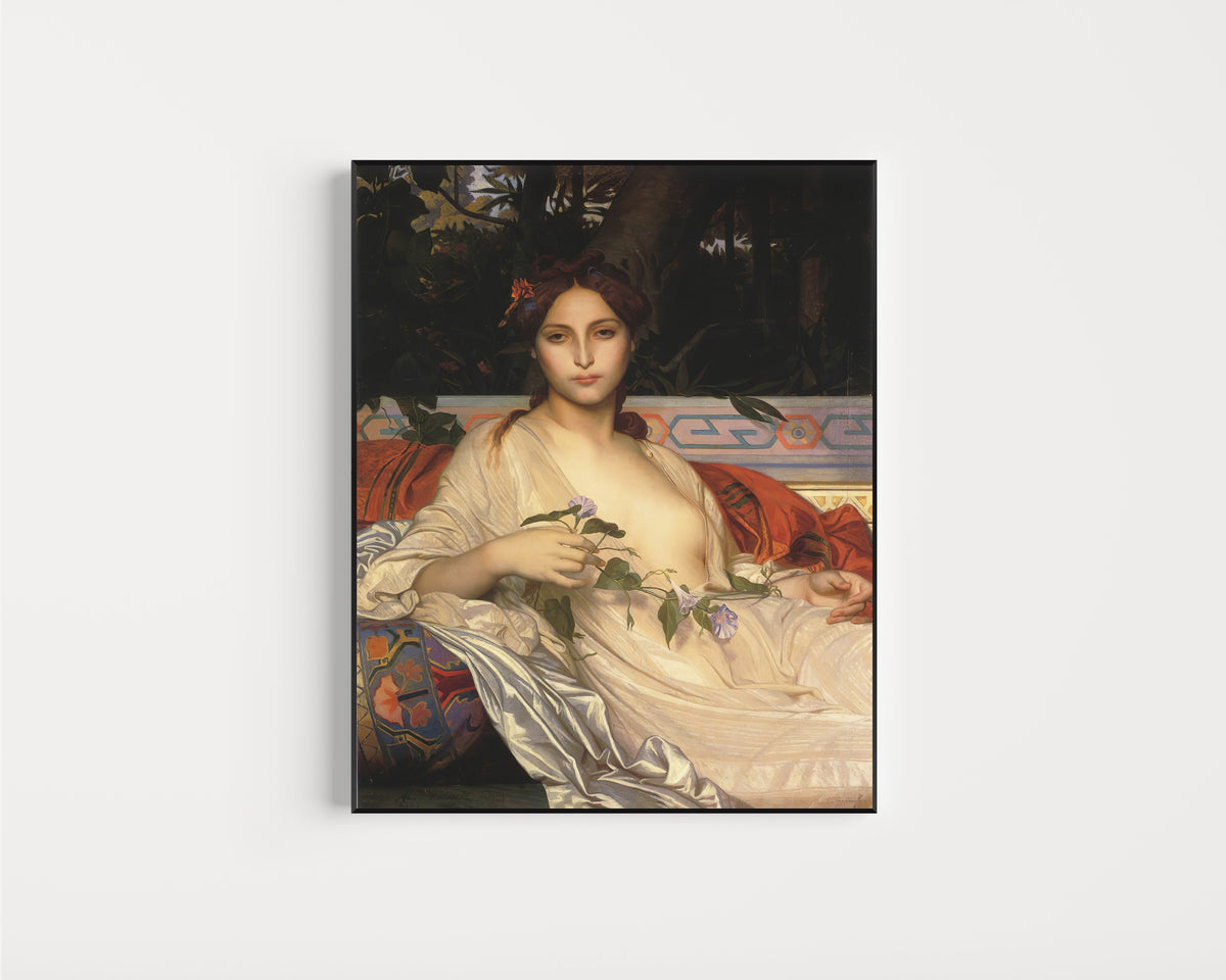 Framed art print of Albaydé by Alexandre Cabanel, in a slim black frame on a plain white wall