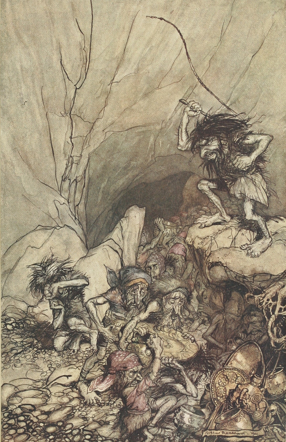 Arthur Rackham — Alberich Drives in a Band of Niblungs | Wagner Illustration Print