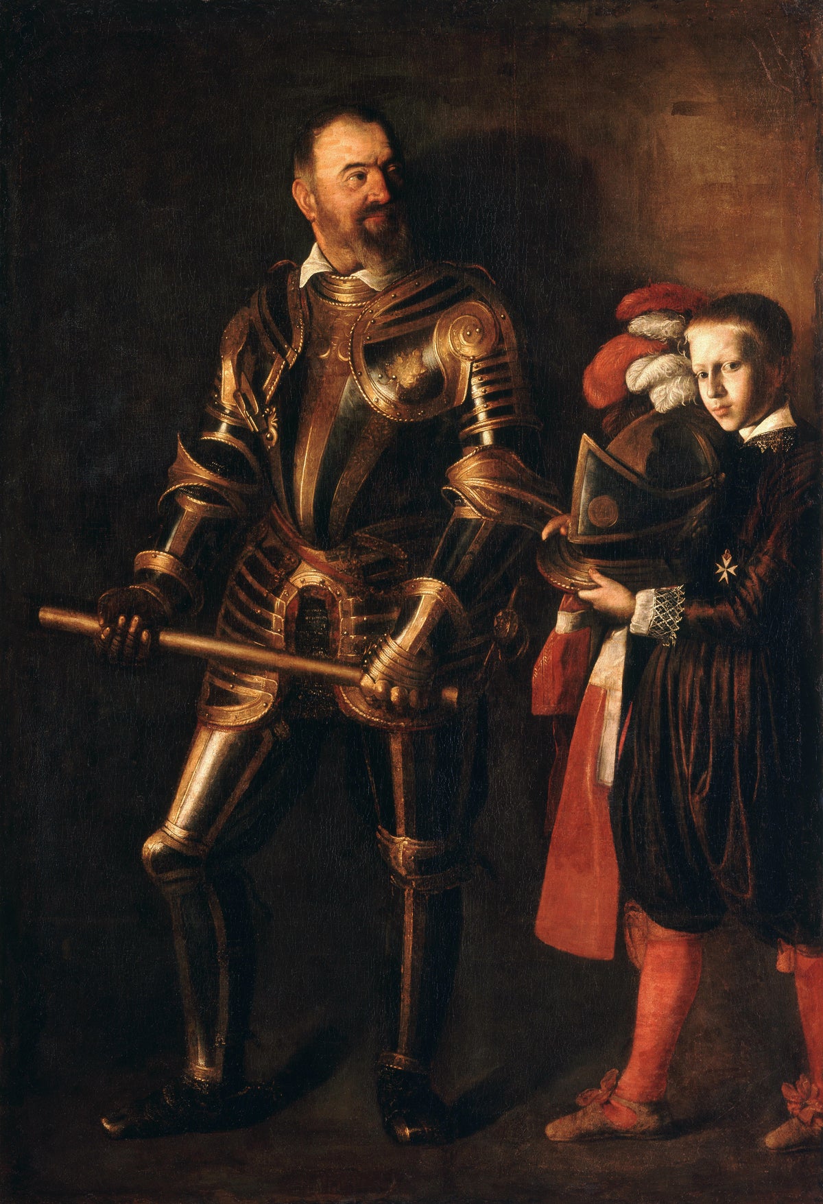 Alof de Wignacourt by Caravaggio — A knight in black and gold armour beside a page with his helmet