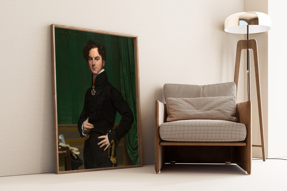 Amédée-David, the Comte de Pastoret by Jean-Auguste-Dominique Ingres — framed and leaning against a wall beside an armchair and a floor lamp