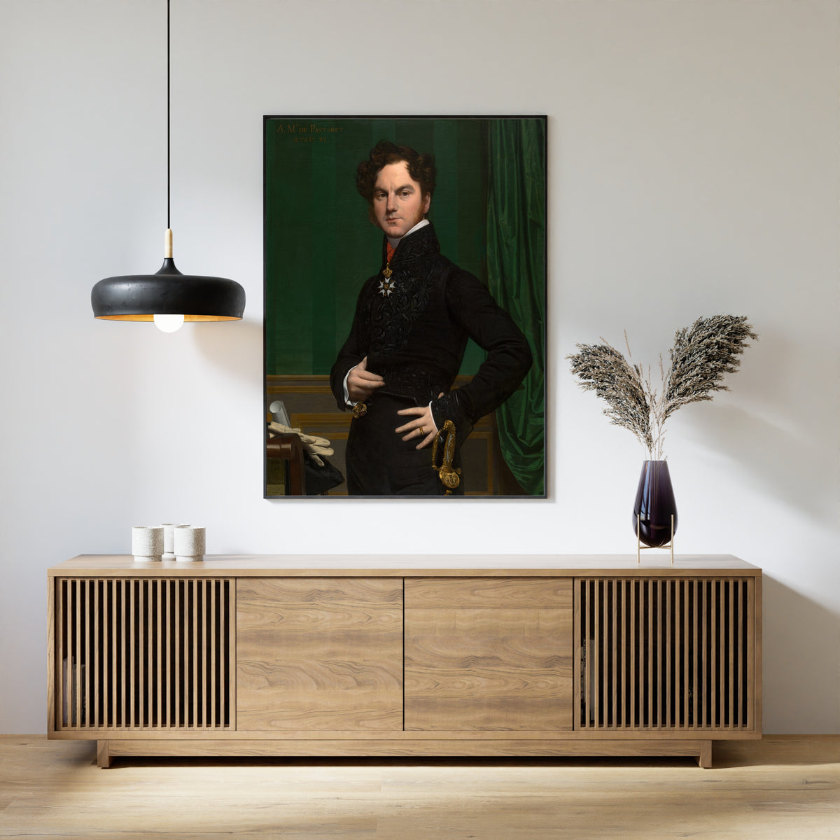 Amédée-David, the Comte de Pastoret by Jean-Auguste-Dominique Ingres — framed above a slatted wood sideboard
