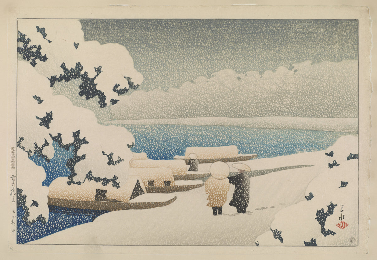 Amanohashidate in Snow by Kawase Hasui — Two figures in falling snow beside blue water