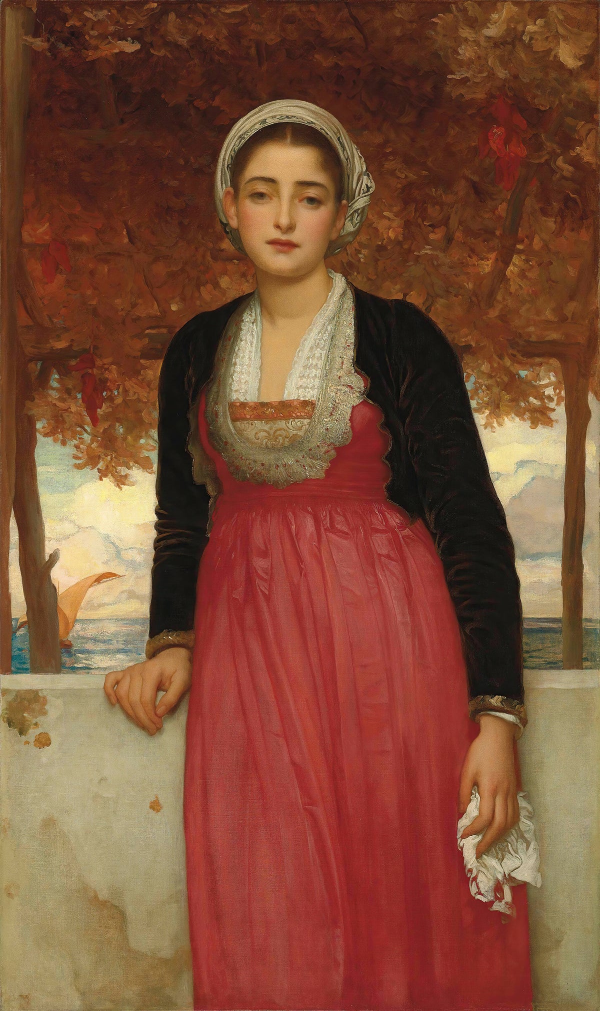 Amarilla by Frederic Leighton — A young woman in a red dress stands at a terrace wall by the sea