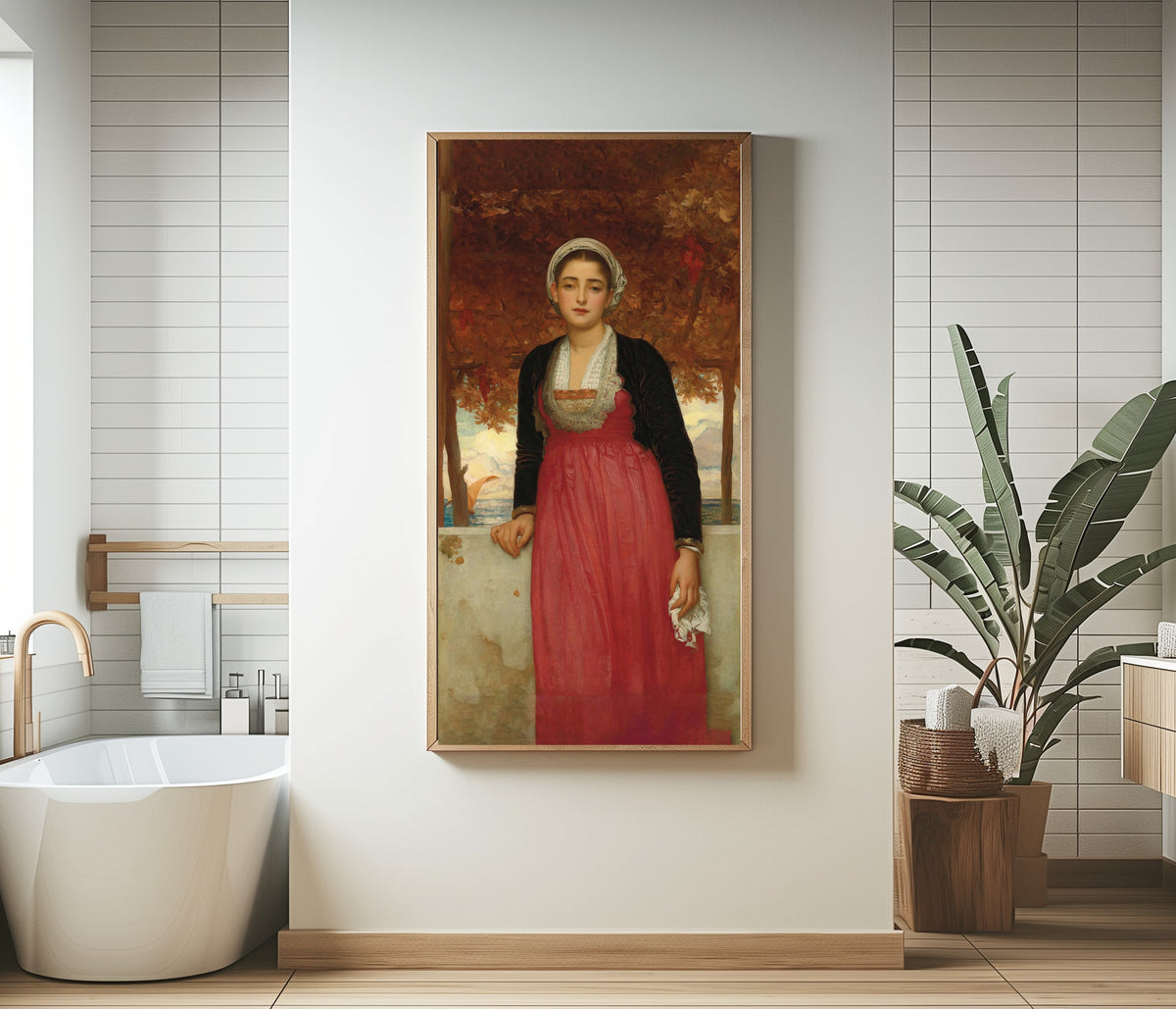 Framed art print of Amarilla by Frederic Leighton, in a bathroom beside a freestanding tub