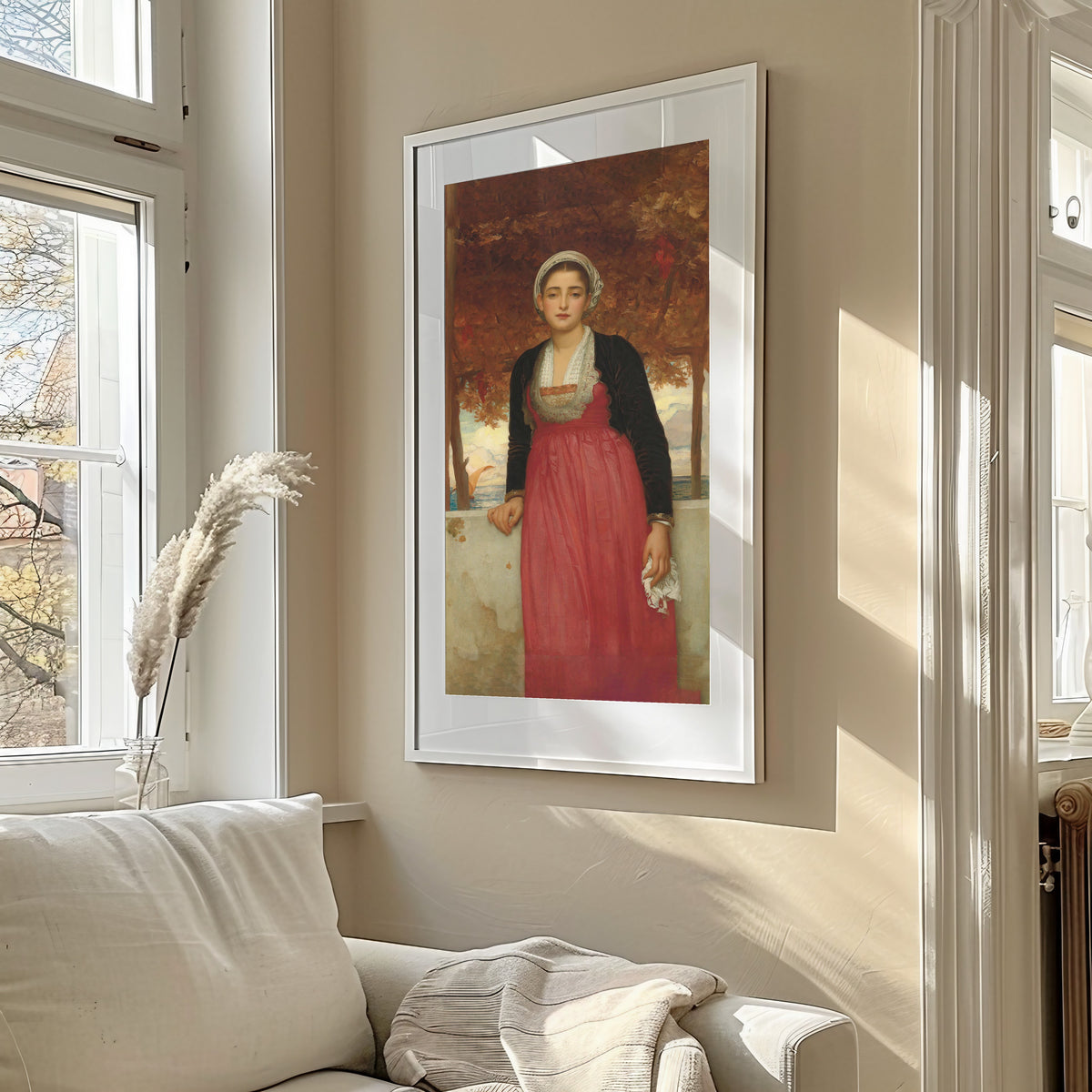 Framed art print of Amarilla by Frederic Leighton, in a sunlit living room above a sofa