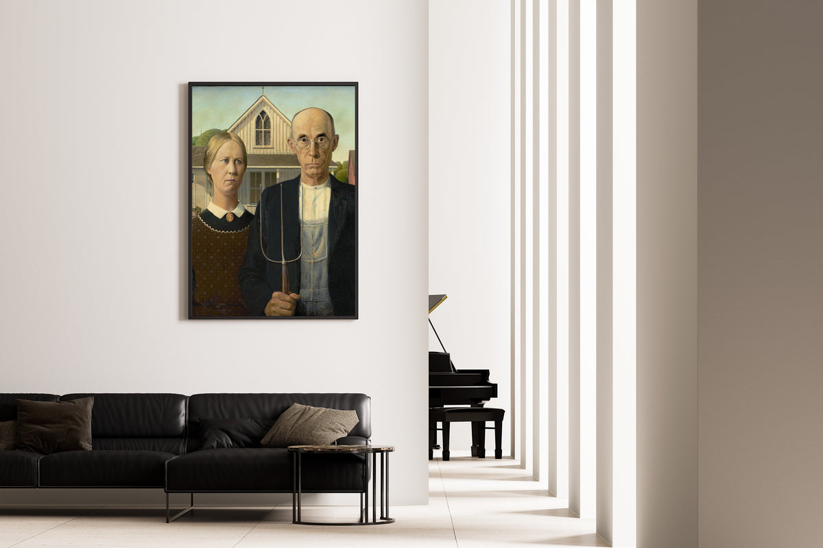 American Gothic by Grant Wood — framed on the wall of a minimal living room