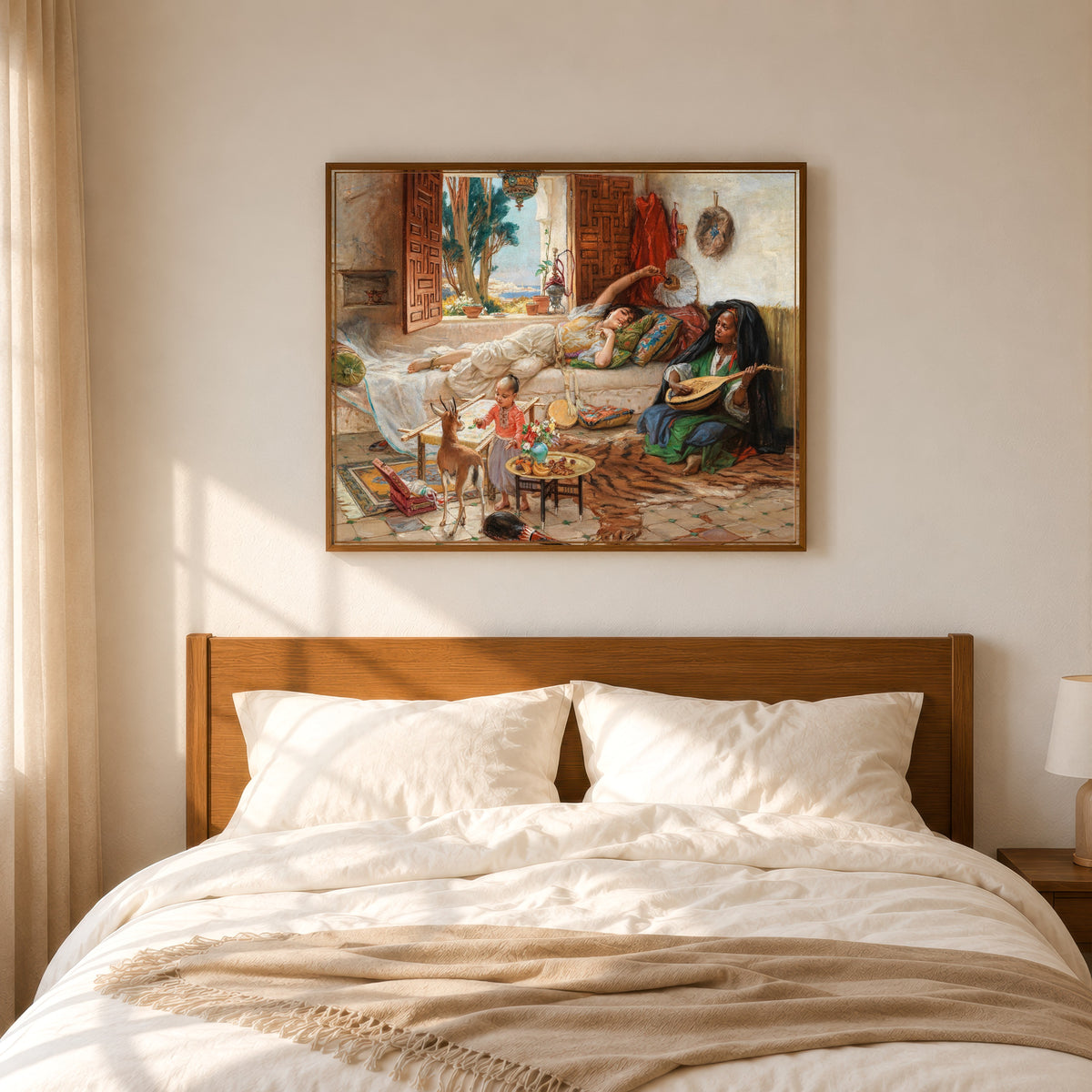 Framed art print of An Afternoon in Algiers by Frederick Arthur Bridgman, in a slim wood frame above a bed in a sunlit bedroom