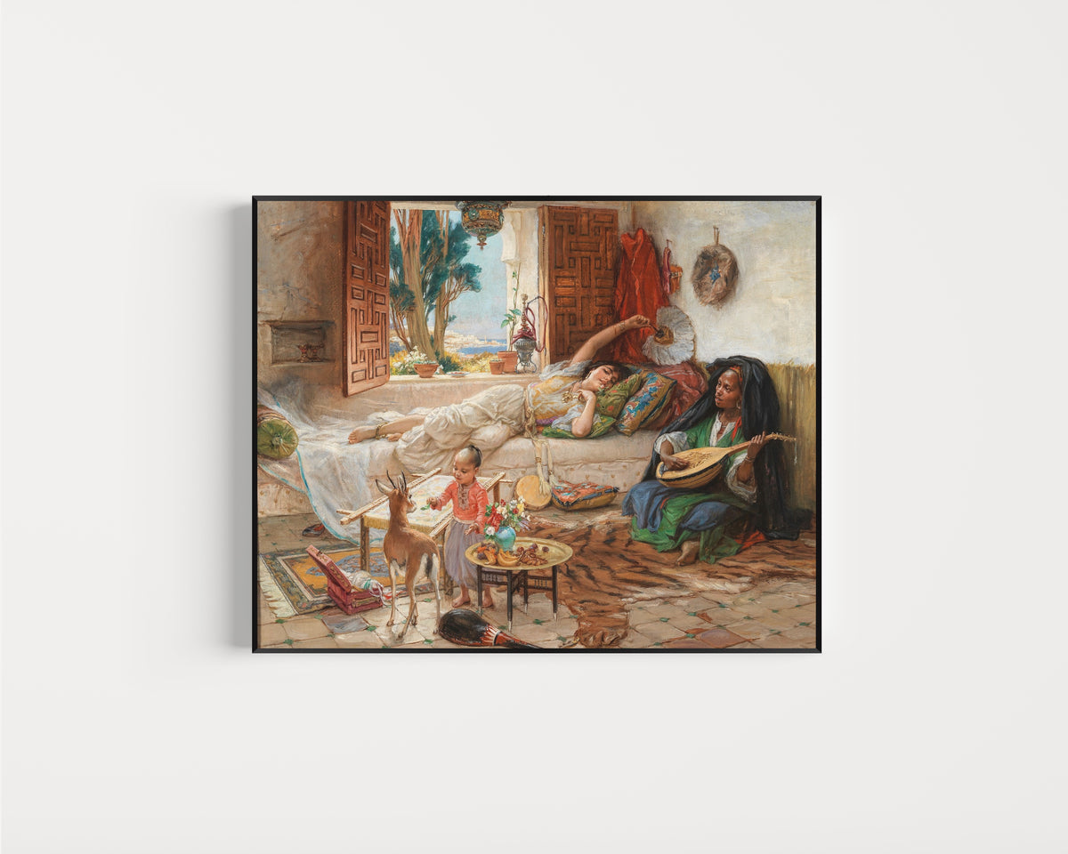 Framed art print of An Afternoon in Algiers by Frederick Arthur Bridgman, in a slim black frame on a plain white wall