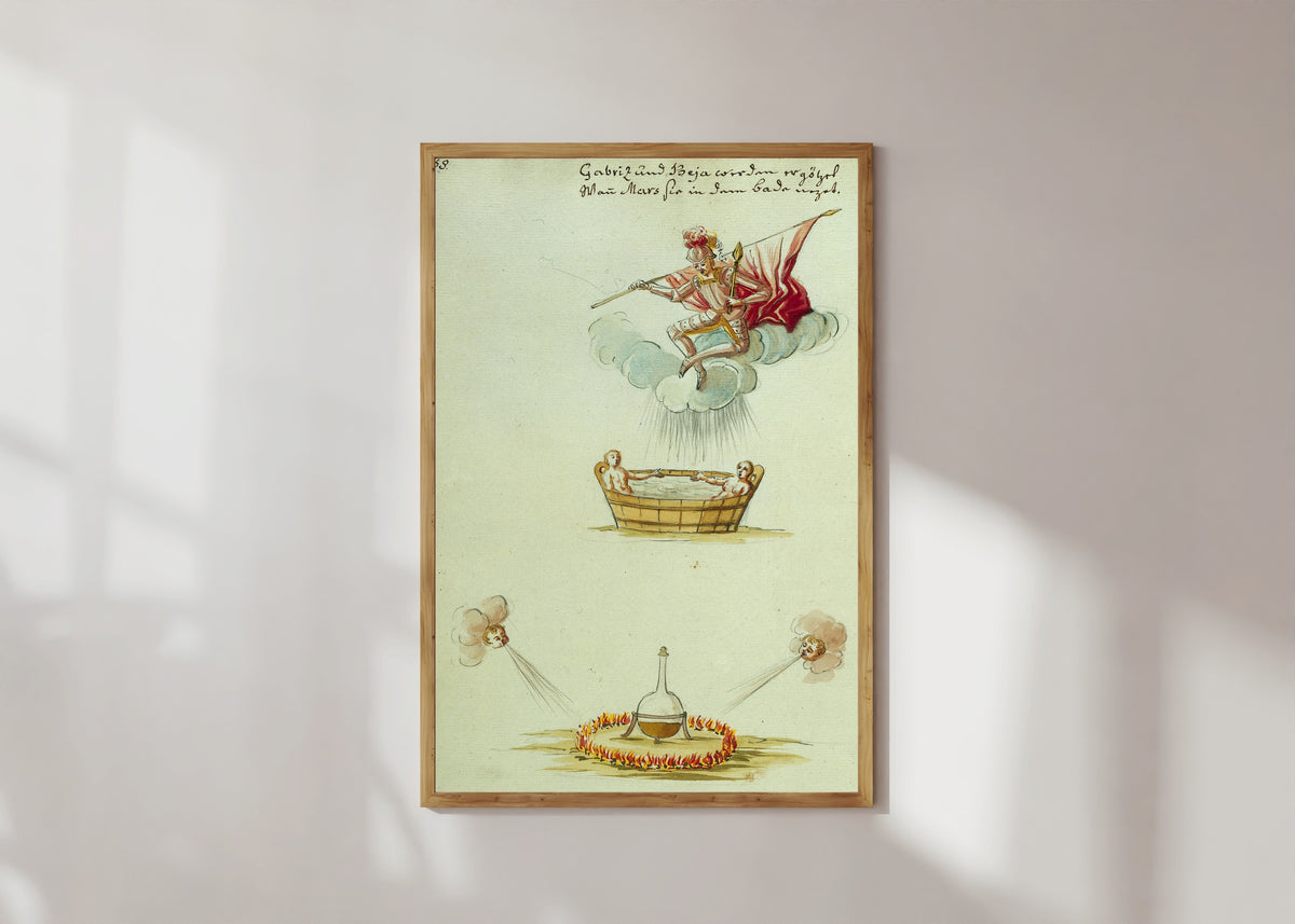 Framed art print of An Angel Descending upon a Bath, and a Flask Ringed with Fire by Thesaurus Thesaurorum, in a light wood frame on a sunlit white wall