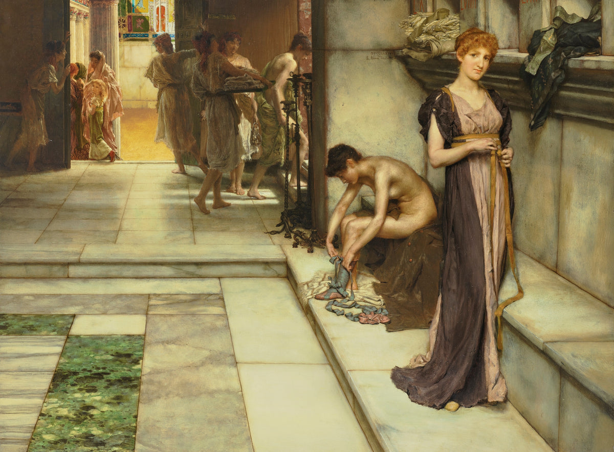 An Apodyterium by Lawrence Alma-Tadema — Women dress and undress in the marble changing room of a Roman bath