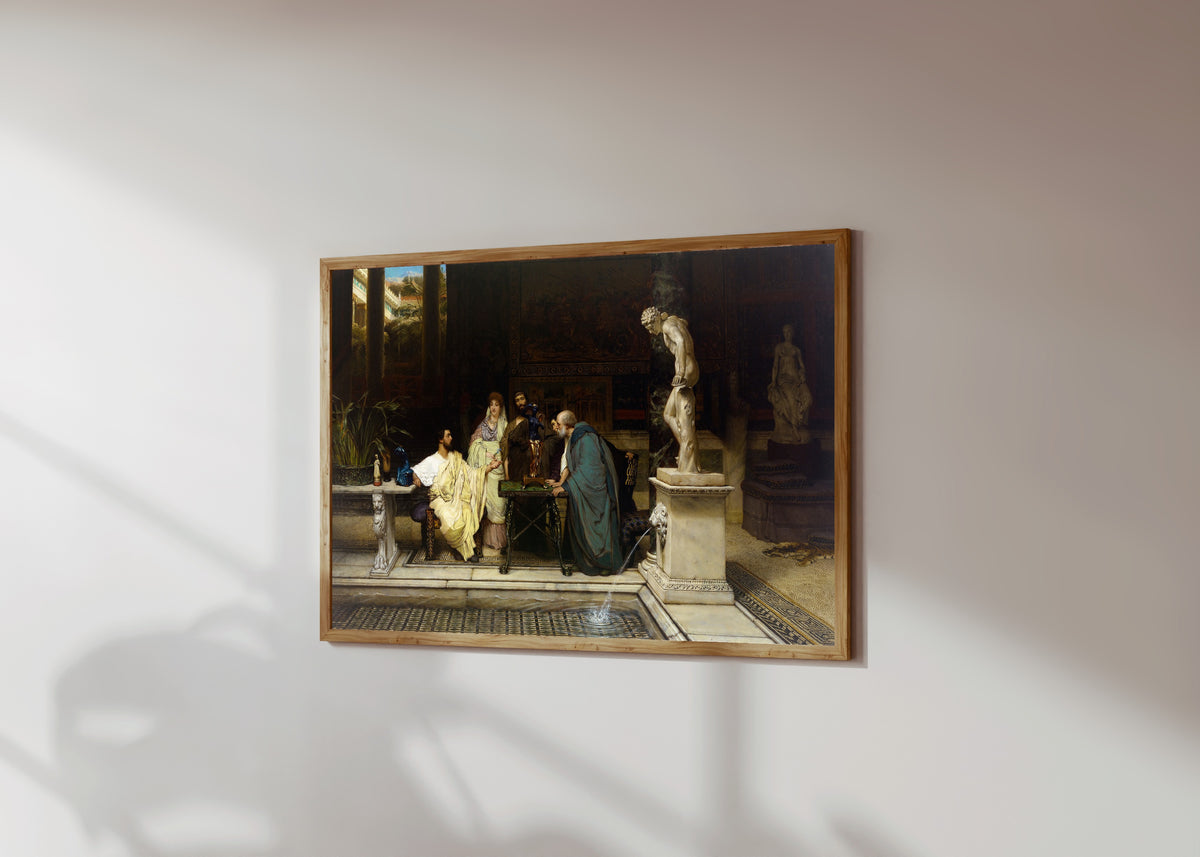 Framed art print of An Art Lover by Lawrence Alma-Tadema, in a light wood frame on a sunlit white wall, seen at a slight angle